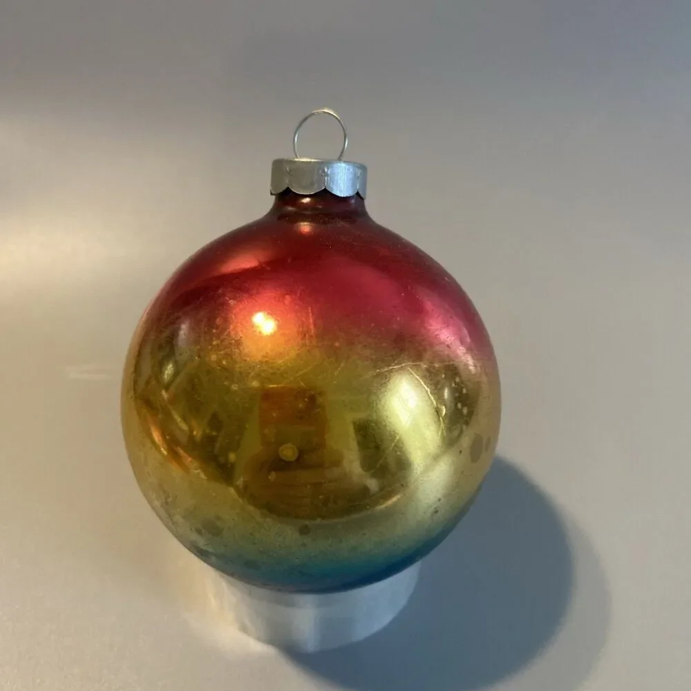 Vintage Christmas Ombre Glass Ornament Hand Made In USA Blue Red Gold Fade